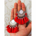 MS Fashion India Half Moon Chandbali Red Color Silk Threads Mirror Tassel Silver Earrings | Grocsy