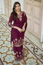 Wine Heavy Fox Georgette Embroidered Semi Stitched Suit - Dhvani | Grocsy