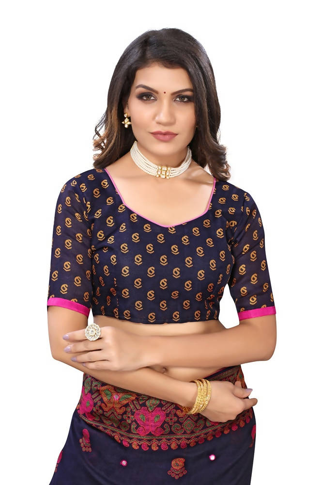 Vamika Blue Color Jute Silk Mirror Work Saree | Grocsy