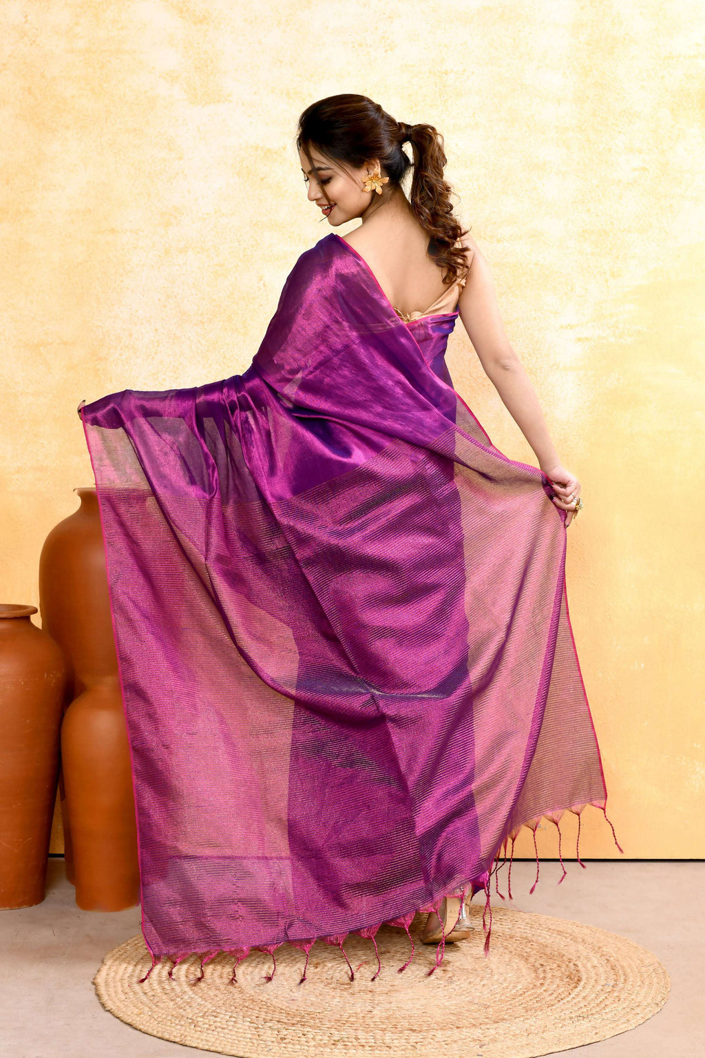 Piyari Fashion Women's Violet Dual Tone Organic Tissue Saree With Blouse Piece | Grocsy