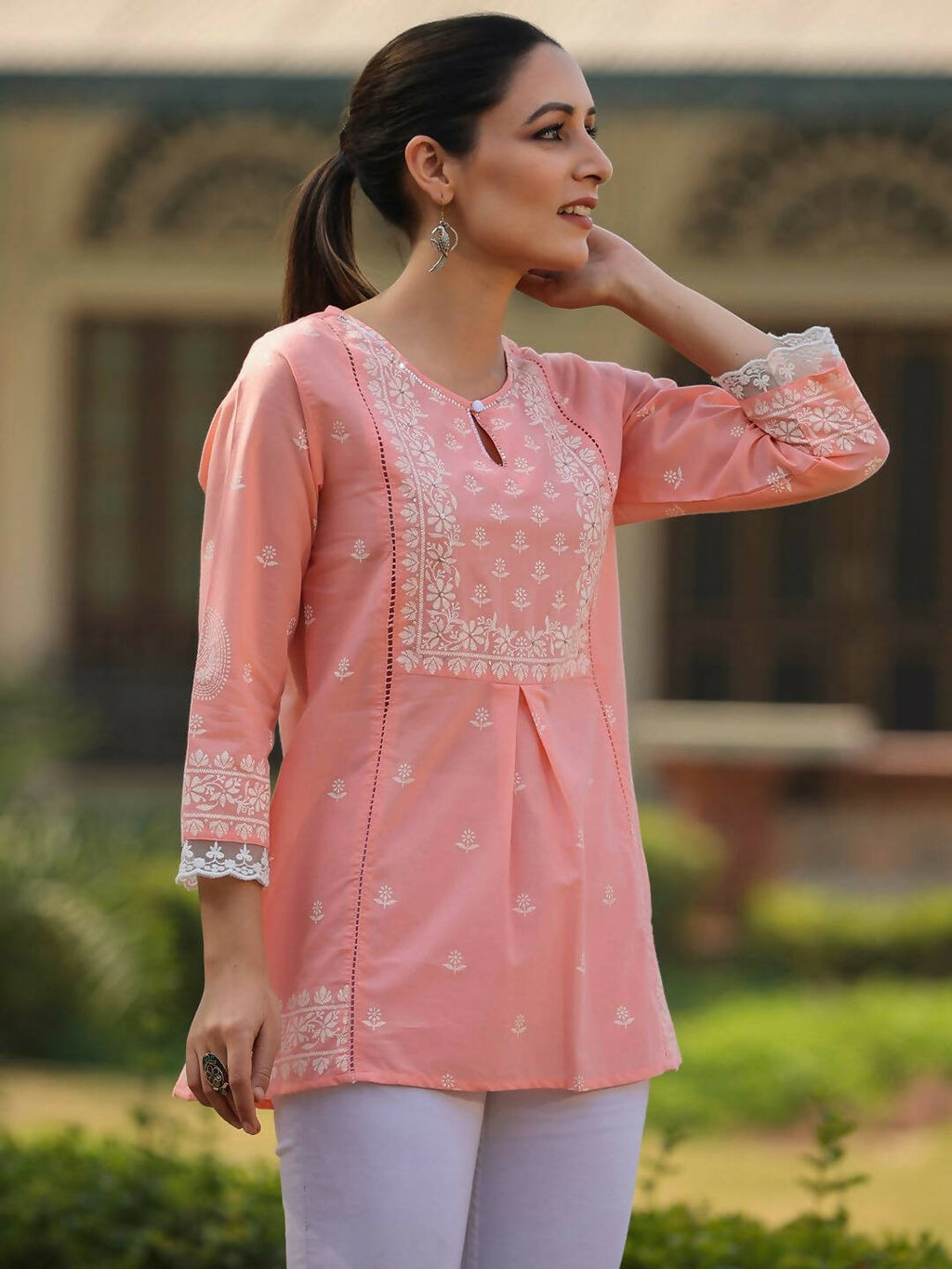 Juniper Women's Peach Cambric Floral Printed Tunic | Grocsy