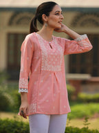 Juniper Women's Peach Cambric Floral Printed Tunic | Grocsy