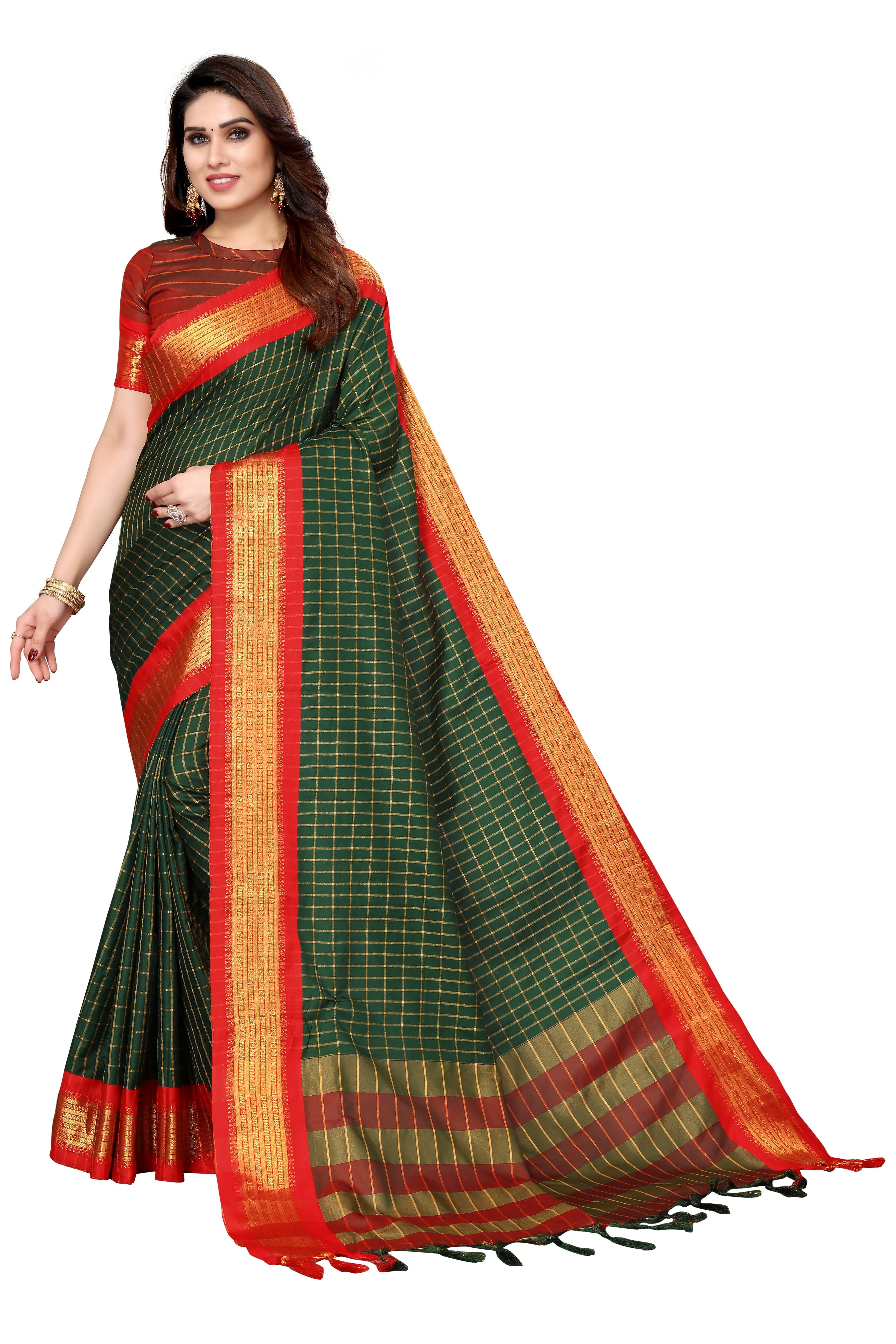Vamika Weaving Green Cotton Silk Saree | Grocsy