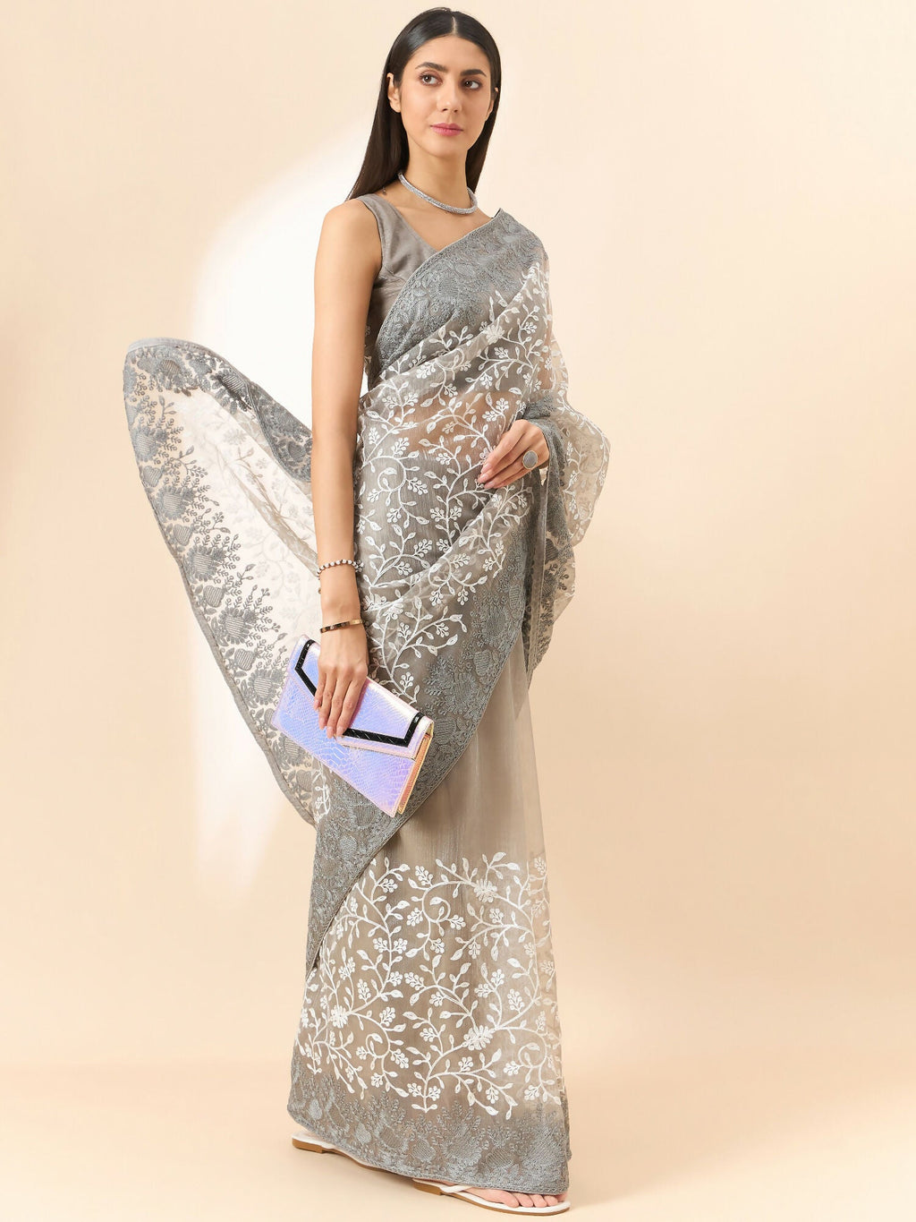 Grey Organza Floral Embroidered Saree with Unstitched Blouse Piece - Roozal | Grocsy