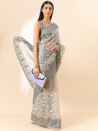 Grey Organza Floral Embroidered Saree with Unstitched Blouse Piece - Roozal | Grocsy