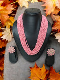 Inhanns Vibrant Handmade 20 Layers Beaded Necklace With Matching Earrings - Light Pink | Grocsy