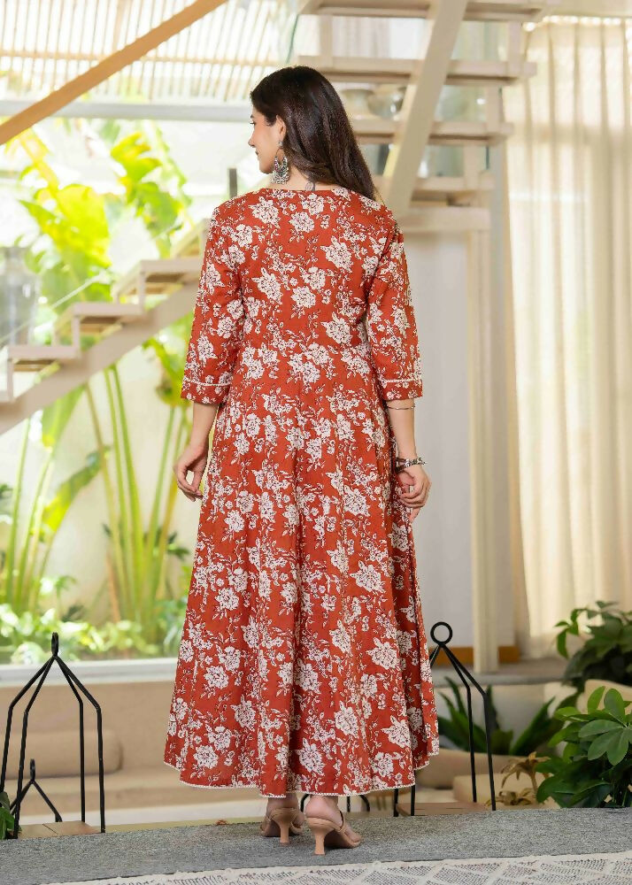 Jaimini Women Cotton Printed Round Neck 3/4 Sleeves Calf Length Flared Kurta Pant And Dupatta Set | Grocsy