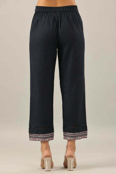 Juniper Navy Blue Solid Cotton Flex Pants With Printed Hem, Pintucks & Lace Work | Grocsy