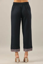 Juniper Navy Blue Solid Cotton Flex Pants With Printed Hem, Pintucks & Lace Work | Grocsy
