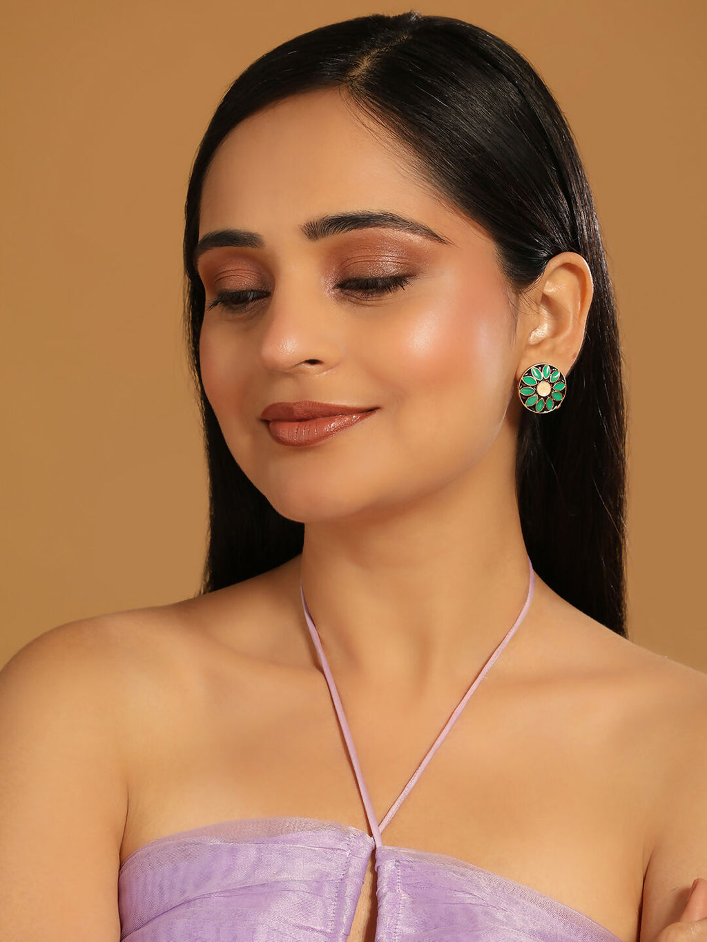 Nuyug 22K Gold Plated Circular Shaped Sea Green Enamelled Floral Motif Studs | Grocsy