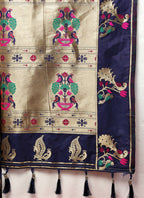 Lorenvalley Fashion Navyblue Soft Paithani Silk Woven Design Gold Zari Meenakari Weaving Saree | Grocsy