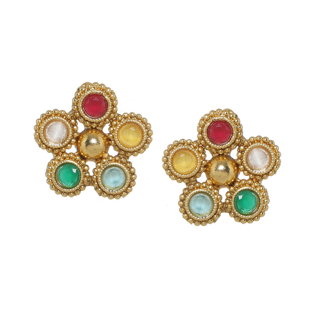 Multi Colored Stone in Gold Choker with Earrings (Multi Color) - Ruby Raang | Grocsy