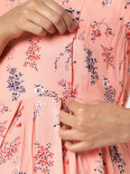 Manet Three Fourth Maternity Dress Floral Print With Concealed Zipper Nursing Access - Orange | Grocsy