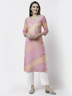 Myshka Pink Pure Cotton Printed 3/4 Sleeve Round Neck Kurta Pant Dupatta Set | Grocsy