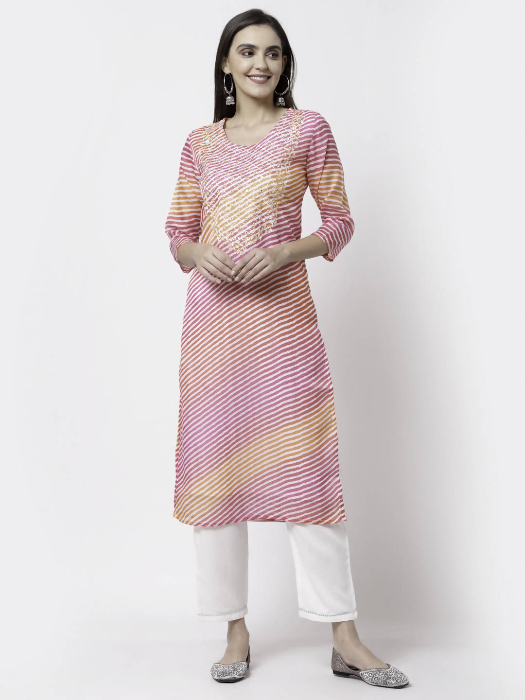 Myshka Pink Pure Cotton Printed 3/4 Sleeve Round Neck Kurta Pant Dupatta Set | Grocsy