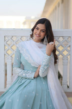 Jyoti Fashion Women's Turquoise Faux Georgette Sequins Thread Embroidery Anarkali Dress with Dupatta | Grocsy
