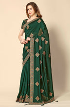 Green Chinon Embroidered Saree with Unstitched Blouse Piece - Roozal | Grocsy