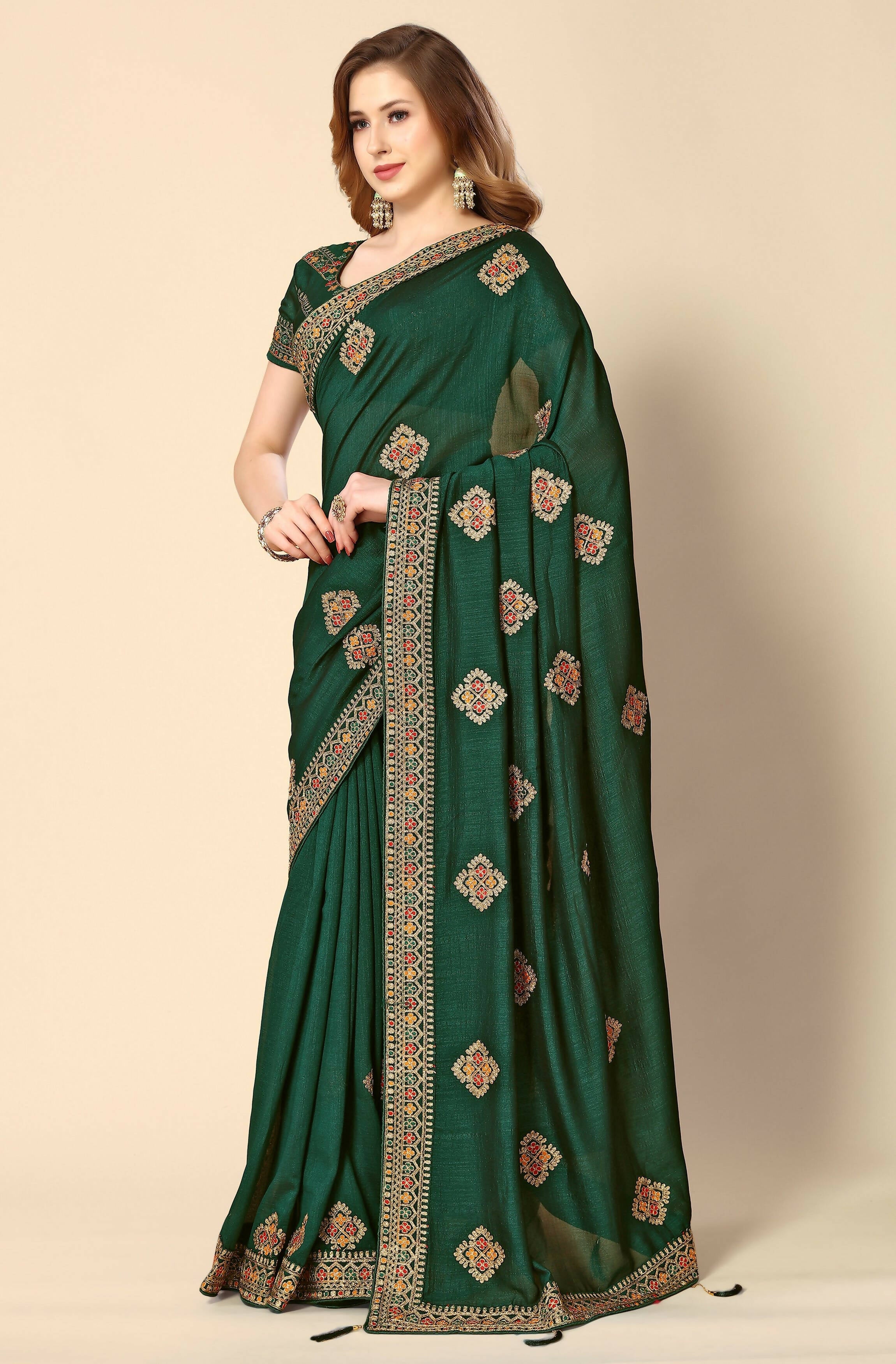 Green Chinon Embroidered Saree with Unstitched Blouse Piece - Roozal | Grocsy