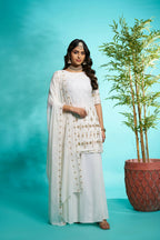 Aayaa Designer Faux Gorgette Embroidery Zari Sequins Thread work Full Flaired plazzo Suit with Dupatta - Off White | Grocsy