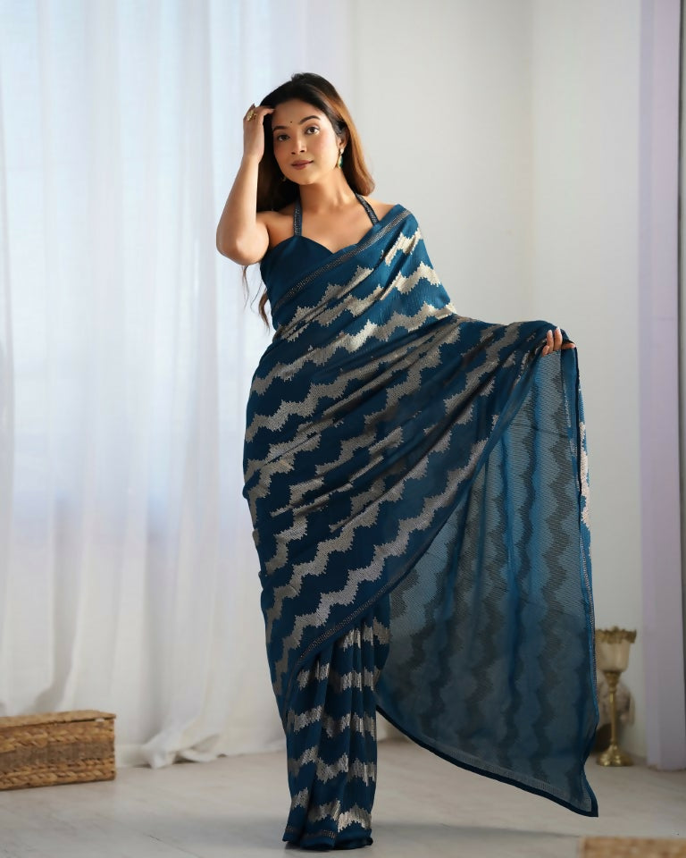 Petrol Georgette Sequance Embroidery Work Border Saree - Sitare | Grocsy
