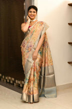 Joban Fashion Grey & Orange Saree Tissue Digital With Embroidery | Grocsy