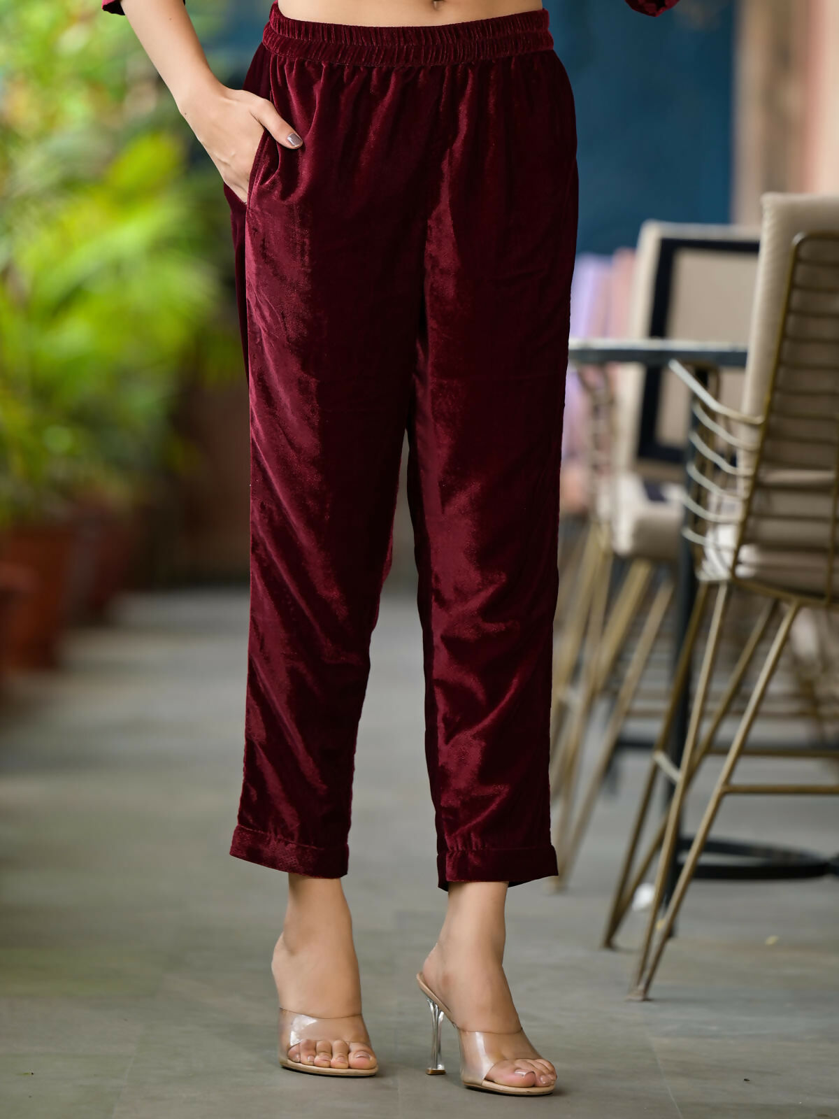 Juniper Women's Maroon Ethnic Motif Printed Velvet Kurta Set With Tassels | Grocsy