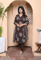 Miravan Womens Animal Print Cotton Brown Stitched Kurta Palazzo With Dupatta Set | Grocsy