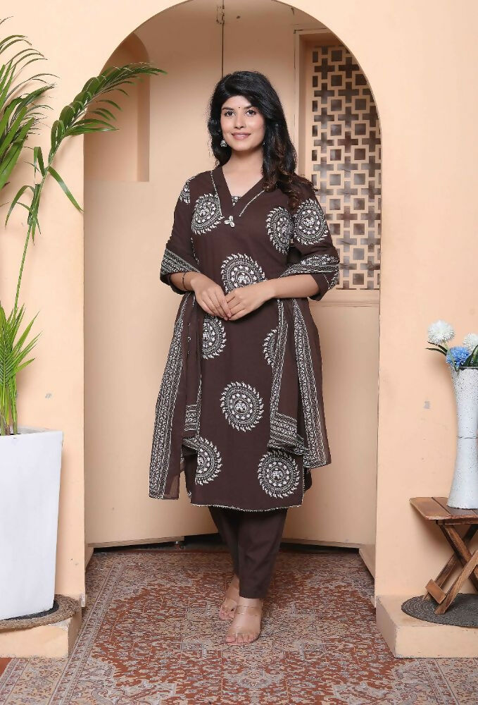 Miravan Womens Animal Print Cotton Brown Stitched Kurta Palazzo With Dupatta Set | Grocsy