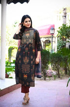 Yufta Women Black & Burgundy Printed Kurta & Trouser with Dupatta | Grocsy