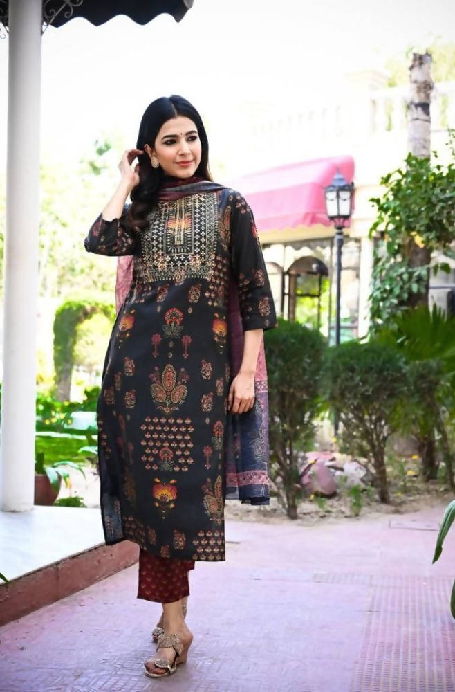 Yufta Women Black & Burgundy Printed Kurta & Trouser with Dupatta | Grocsy