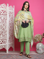 Jyoti Fashion Women's Green Muslin Floral Resham Embroidery Kurta with Trouser & Dupatta | Grocsy