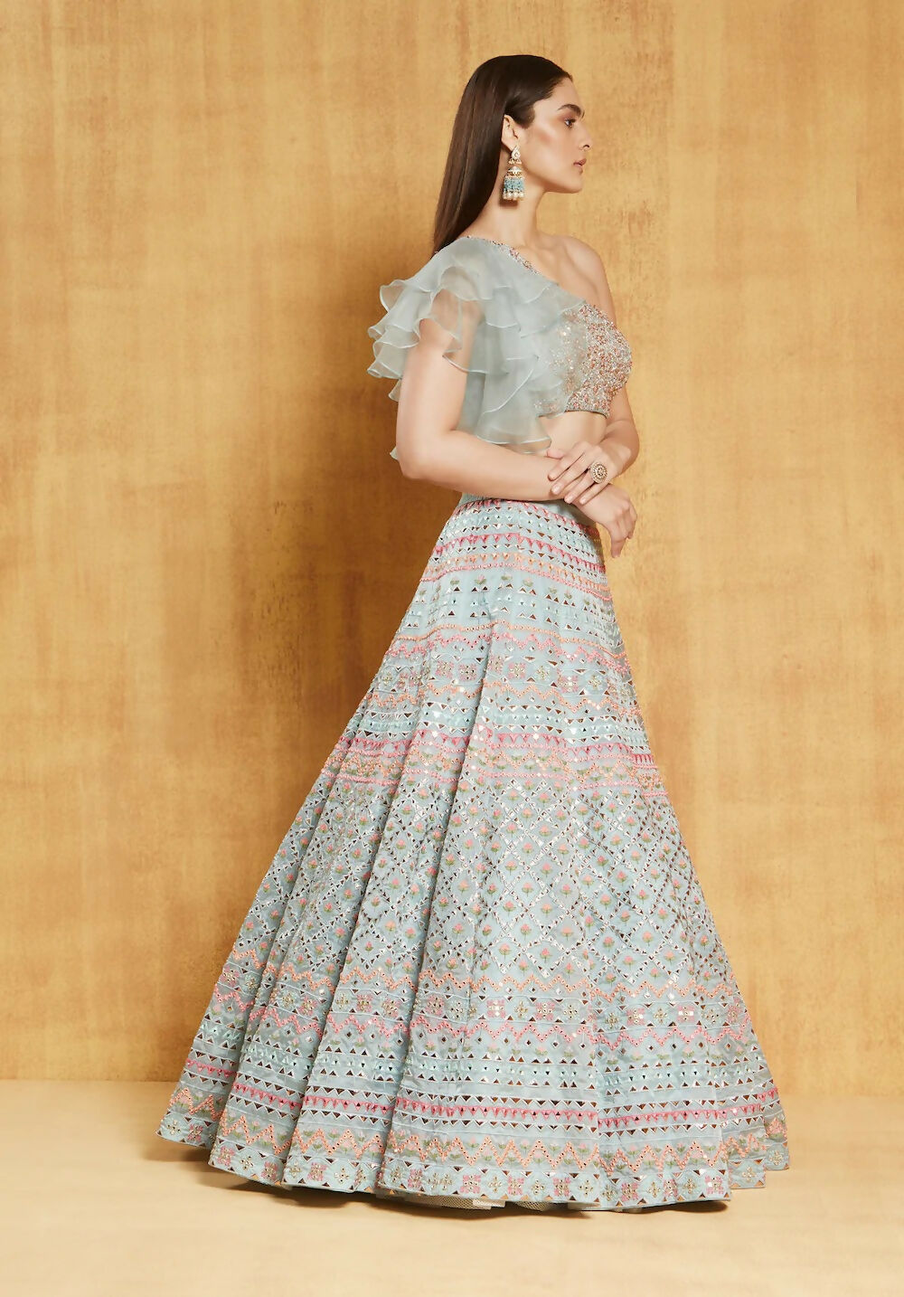 Jyoti Fashion Light Turquoise Thread, Zari and Paper Mirror Embroidered Organza One Shoulder Bridal Lehenga Choli | Grocsy