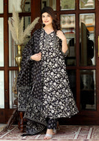 Miravan Women's Black Cotton Embroidered Attractive Anarkali Kurta And Palazzo With Dupatta Set | Grocsy