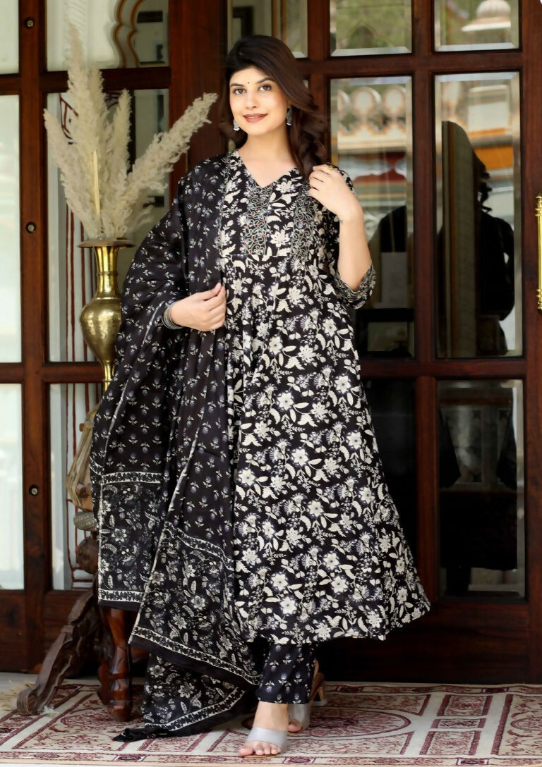 Miravan Women's Black Cotton Embroidered Attractive Anarkali Kurta And Palazzo With Dupatta Set | Grocsy