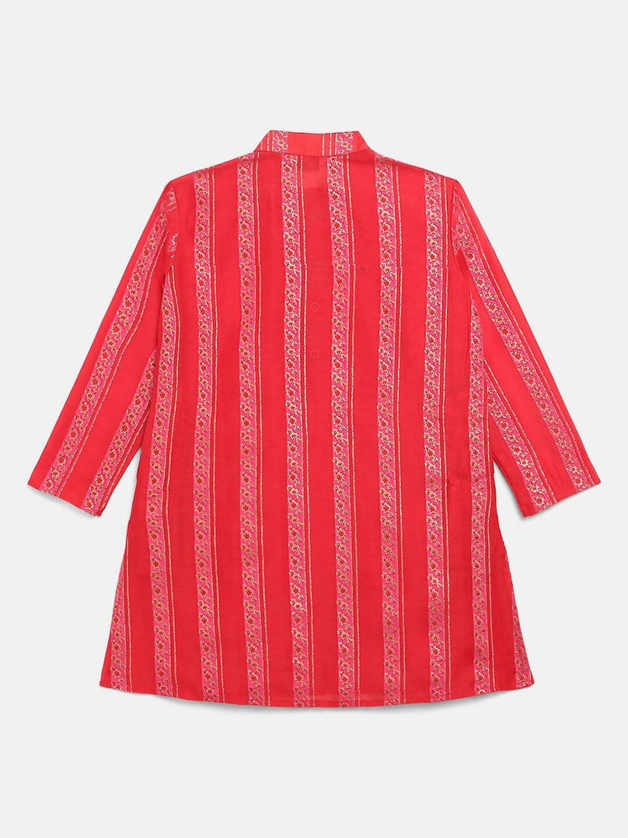 Ahalyaa Red Chanderi Khari Print Kids Kurta Churidar Set For Boys | Grocsy