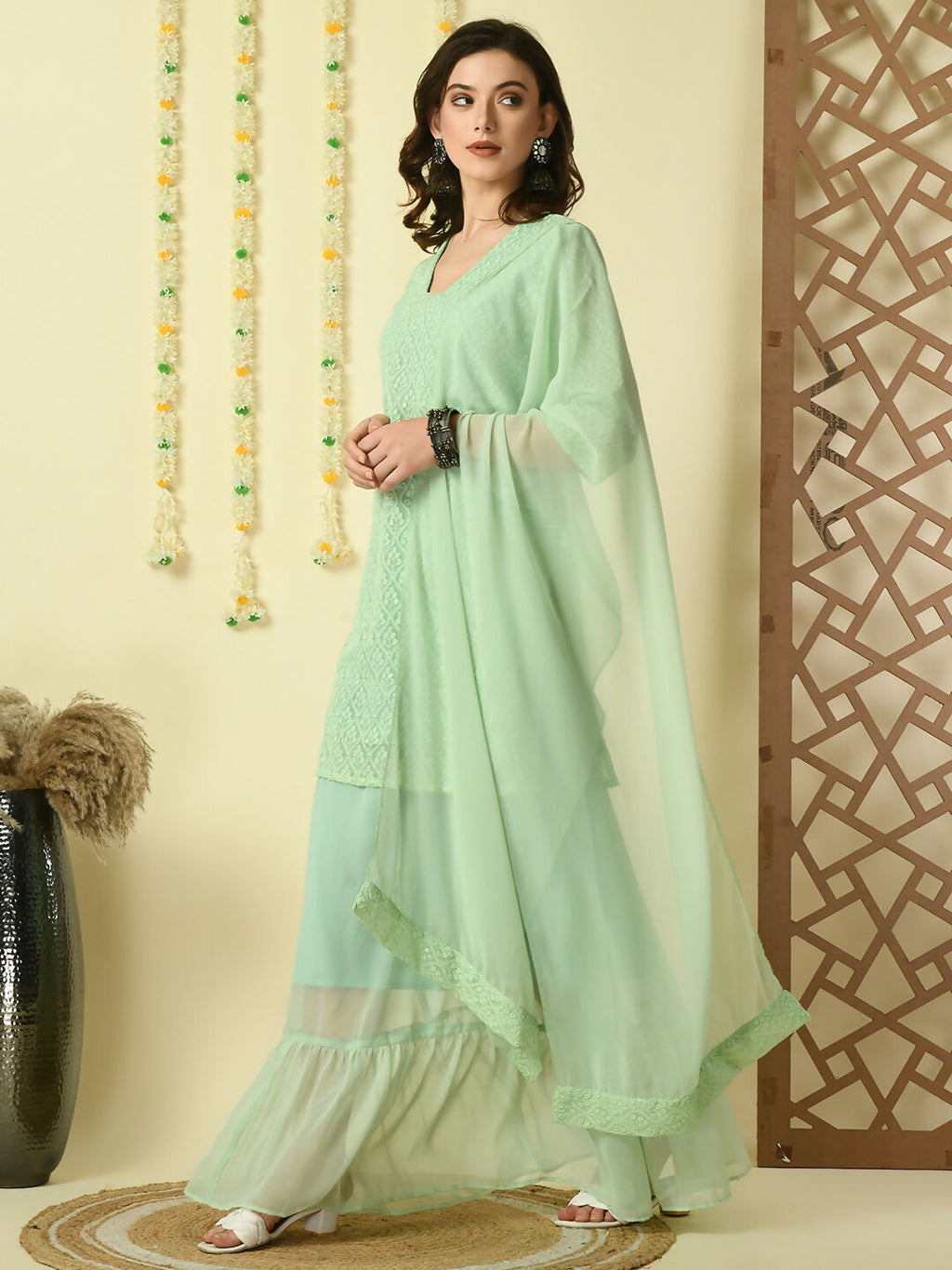 Myshka Women's Green Georgette Kurti & Skirt With Dupatta Party Sets | Grocsy