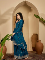 Joban Fashion Embroidery Teal Chinon Silk Kurta Set | Grocsy
