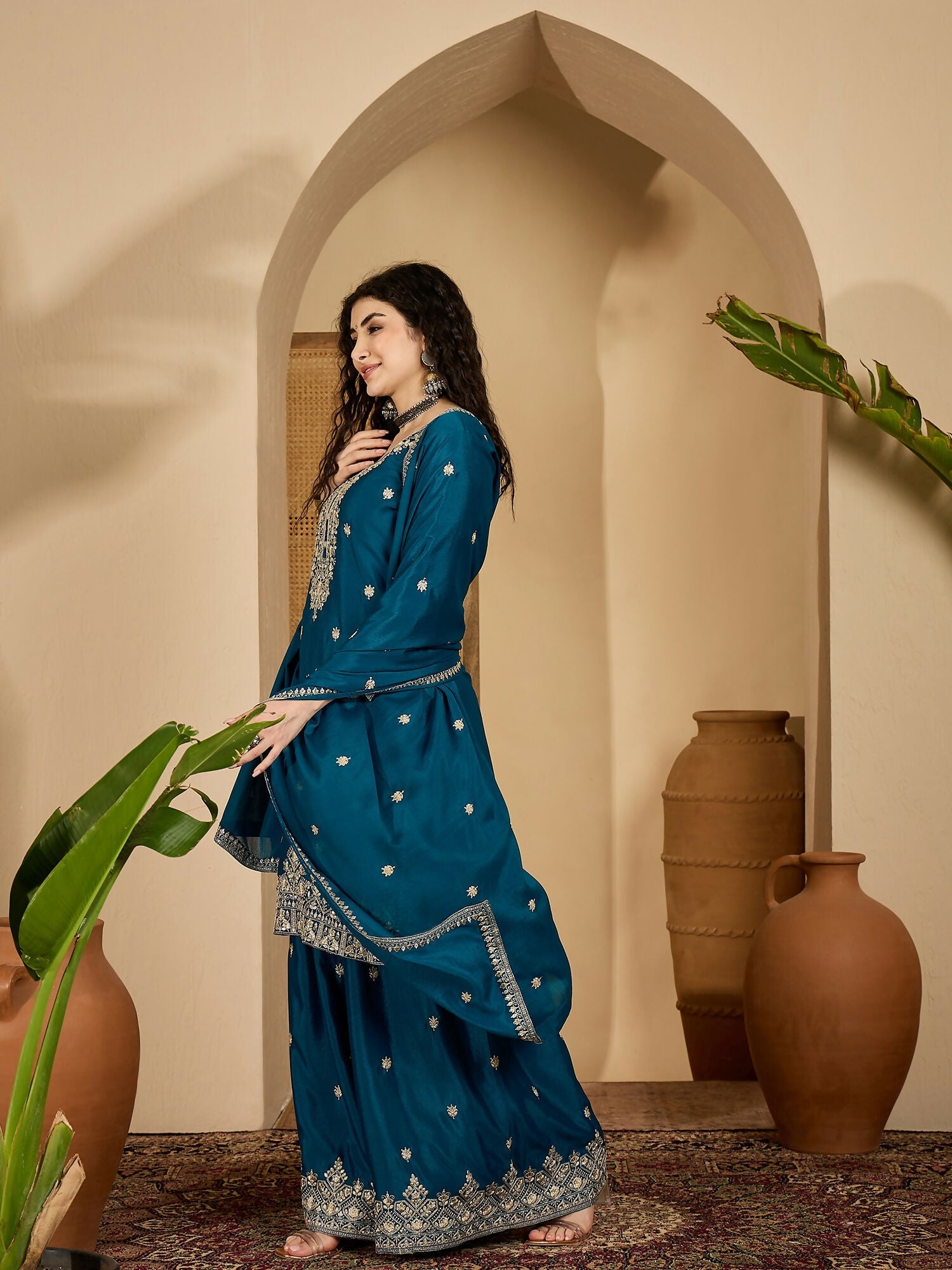 Joban Fashion Embroidery Teal Chinon Silk Kurta Set | Grocsy