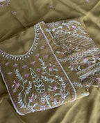 KC Beautiful Mustard Chiffon Silk Hand Embroidery Suit For Women | Grocsy
