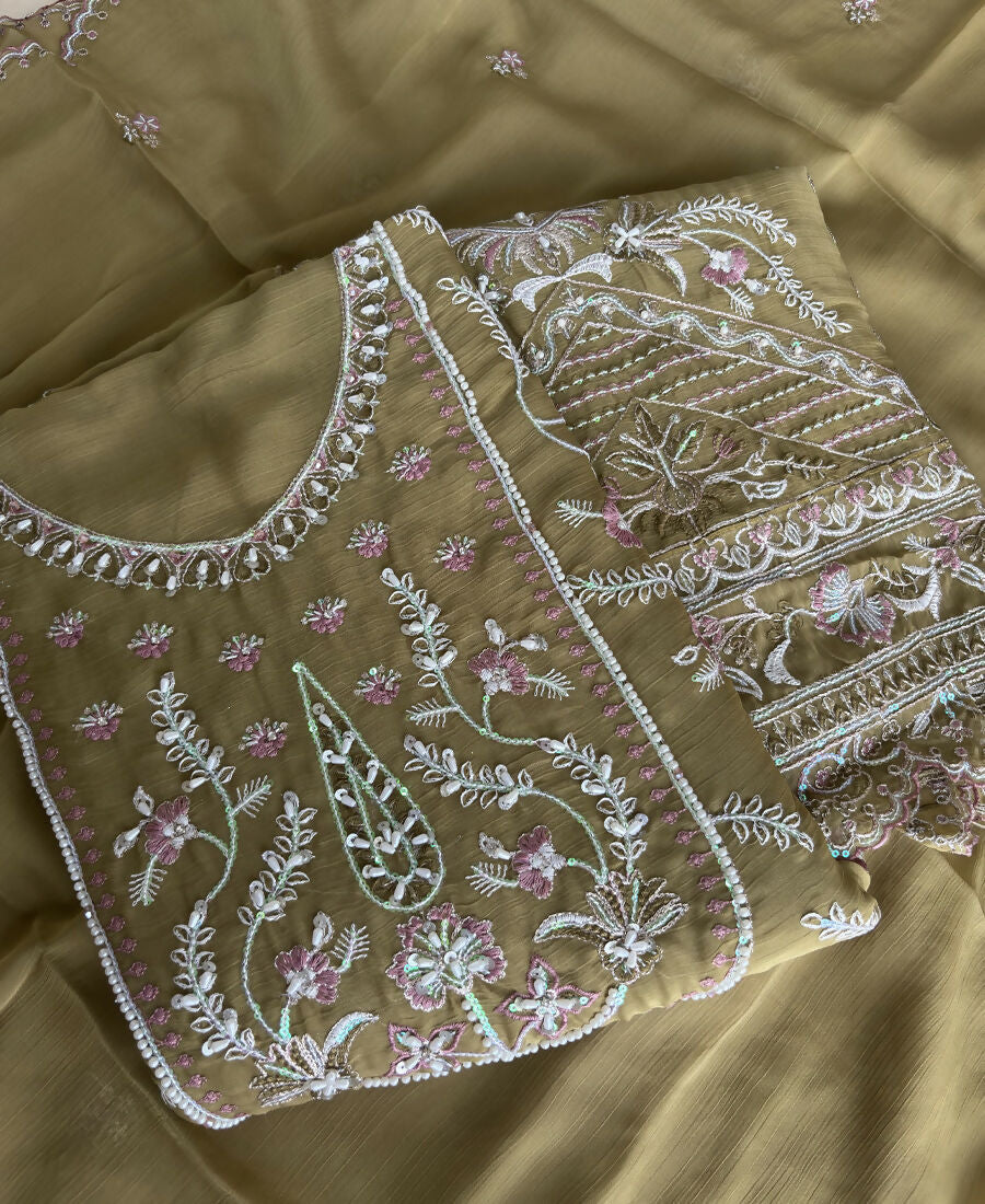 KC Beautiful Mustard Chiffon Silk Hand Embroidery Suit For Women | Grocsy