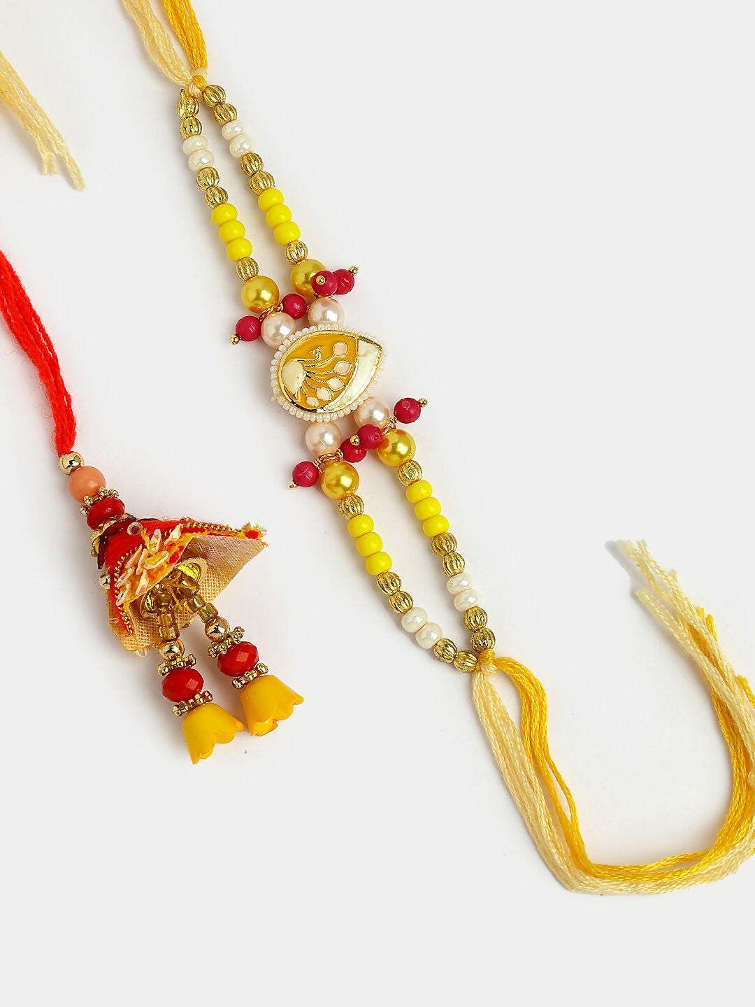 NVR Women & Men Set of 2 Yellow Peacock Design Bhaiya Bhabhi Rakhi With Roli Chawal | Grocsy