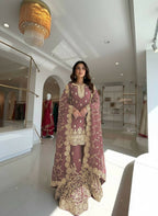 Teeya Creation Coffee Pure Silk Gimmy Silk Heavy Embroidery Work Wedding Wear Palazzo Pair | Grocsy