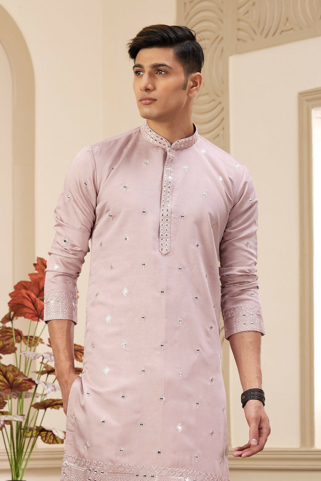 Raivat Ethnic Men's Art Silk Thread Work Kurta Pyjama In Onion Colour | Grocsy