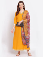 Myshka Women's Yellow Printed Silk Blend 3/4 Sleeve V Neck Casual Kurta Dupatta Set | Grocsy