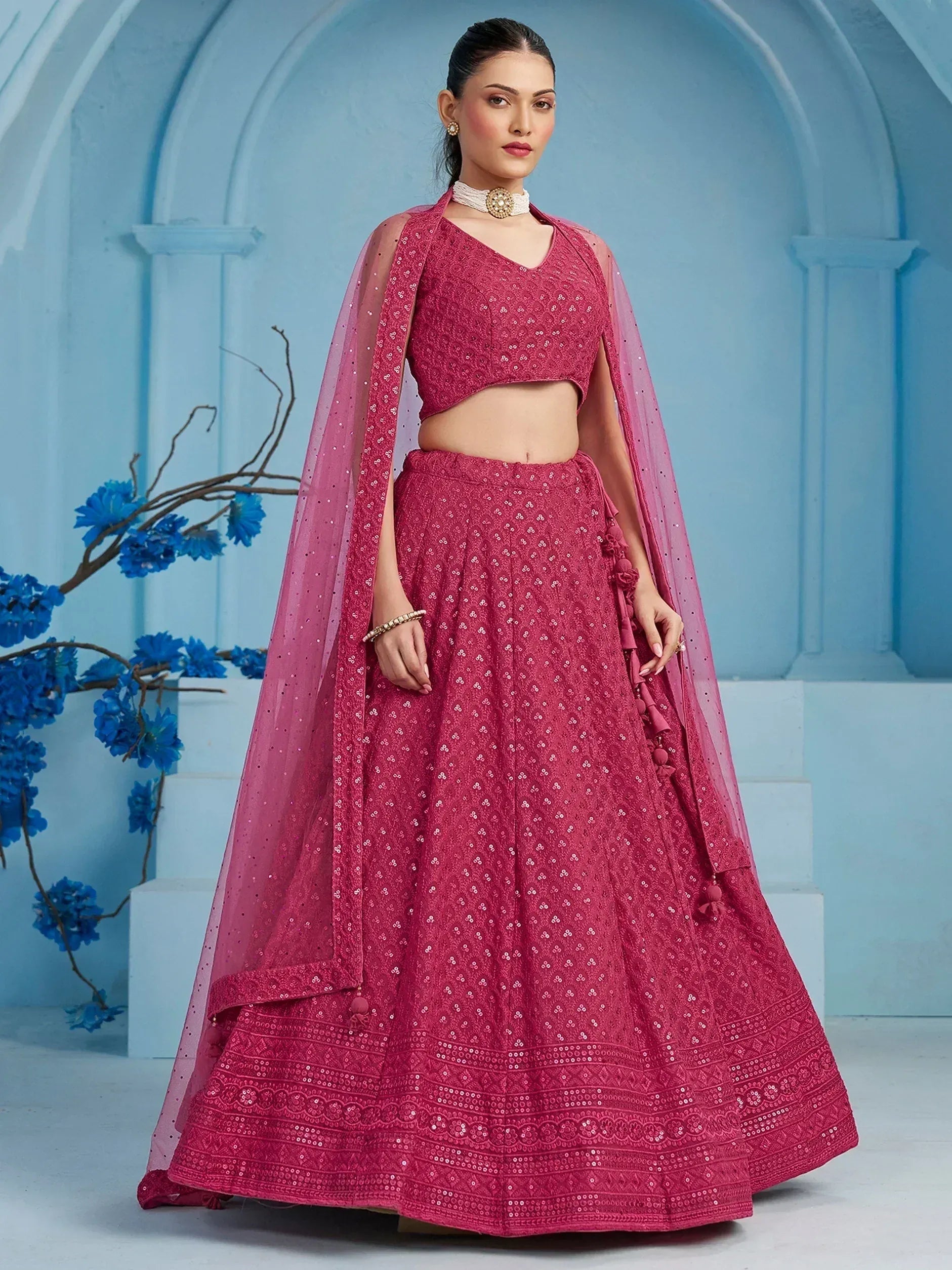 Tulsi Art Lovely Pink Sequins Work Georgette Engagement Wear Lehenga With Blouse | Grocsy
