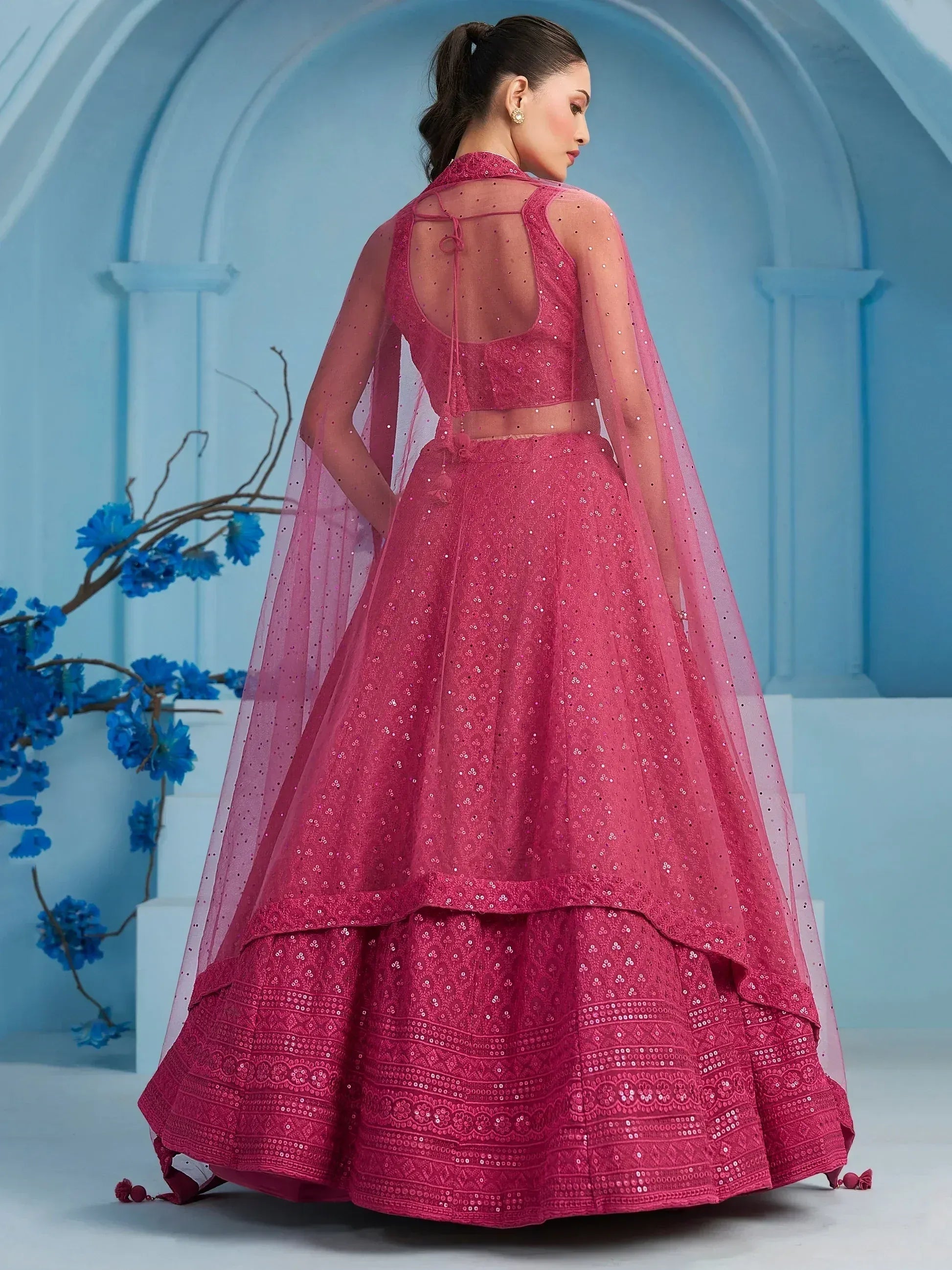 Tulsi Art Lovely Pink Sequins Work Georgette Engagement Wear Lehenga With Blouse | Grocsy