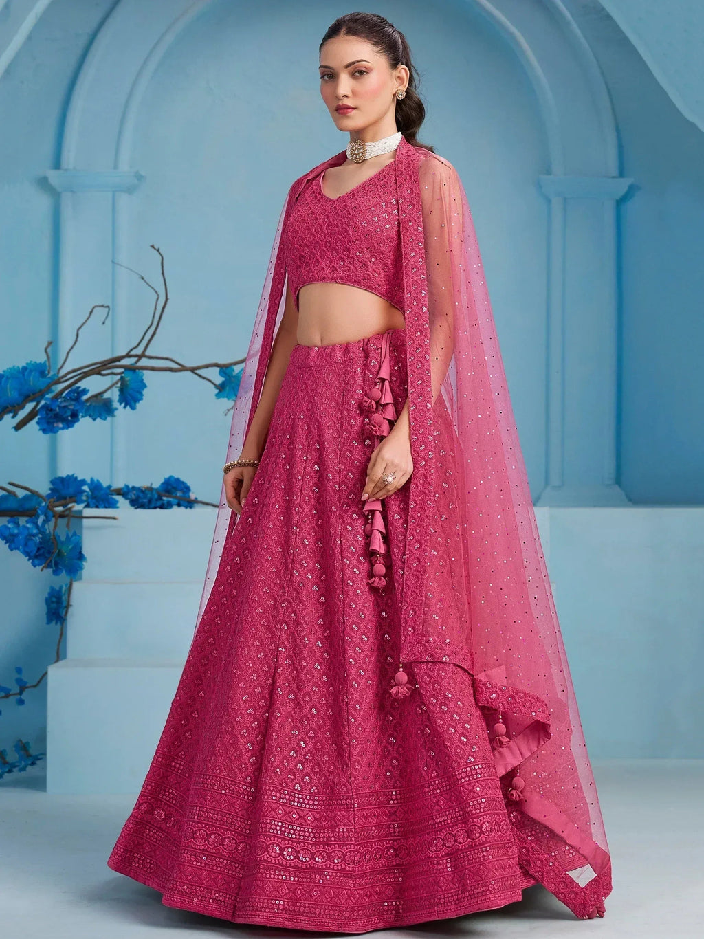 Tulsi Art Lovely Pink Sequins Work Georgette Engagement Wear Lehenga With Blouse | Grocsy