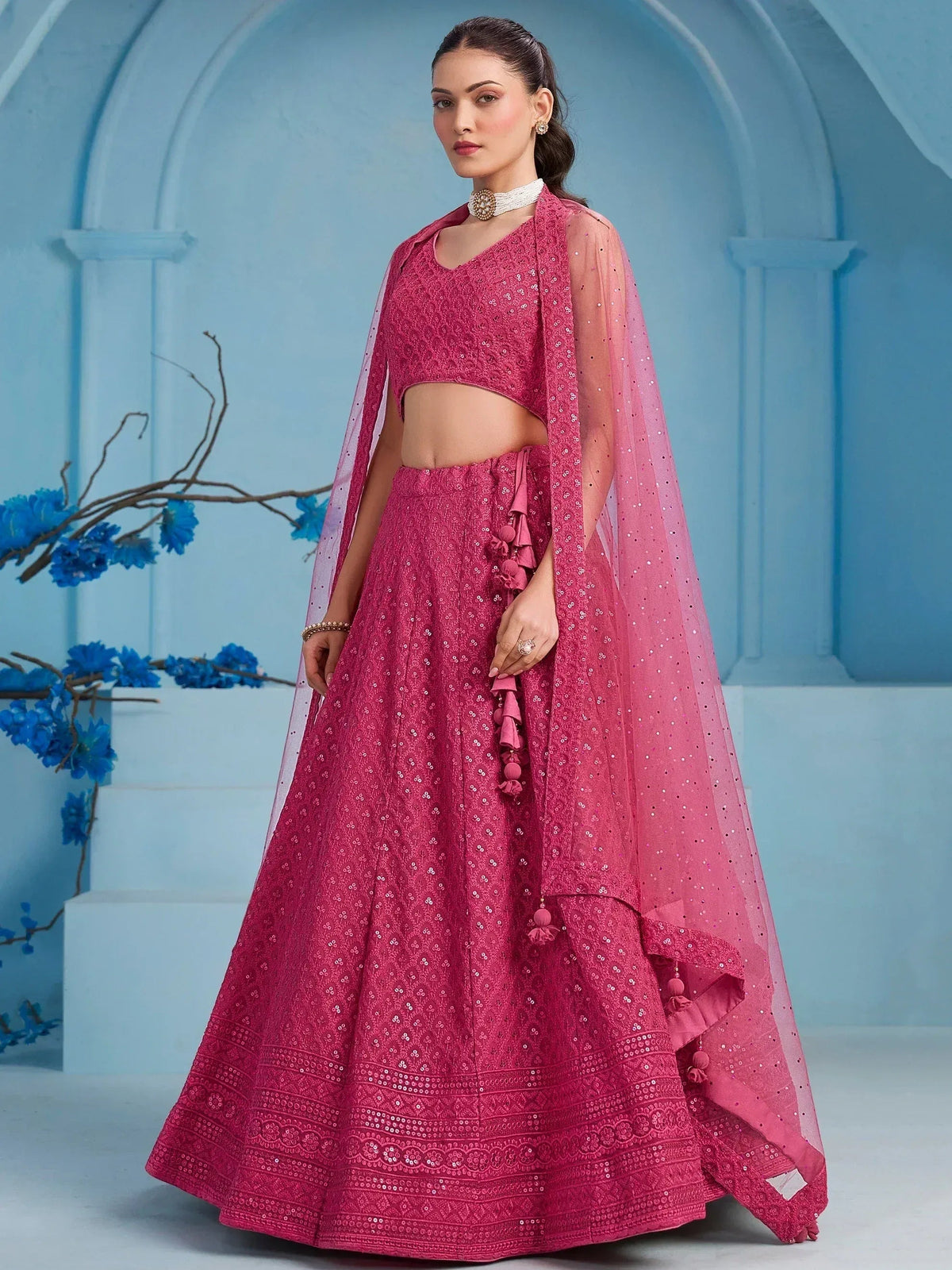 Tulsi Art Lovely Pink Sequins Work Georgette Engagement Wear Lehenga With Blouse | Grocsy