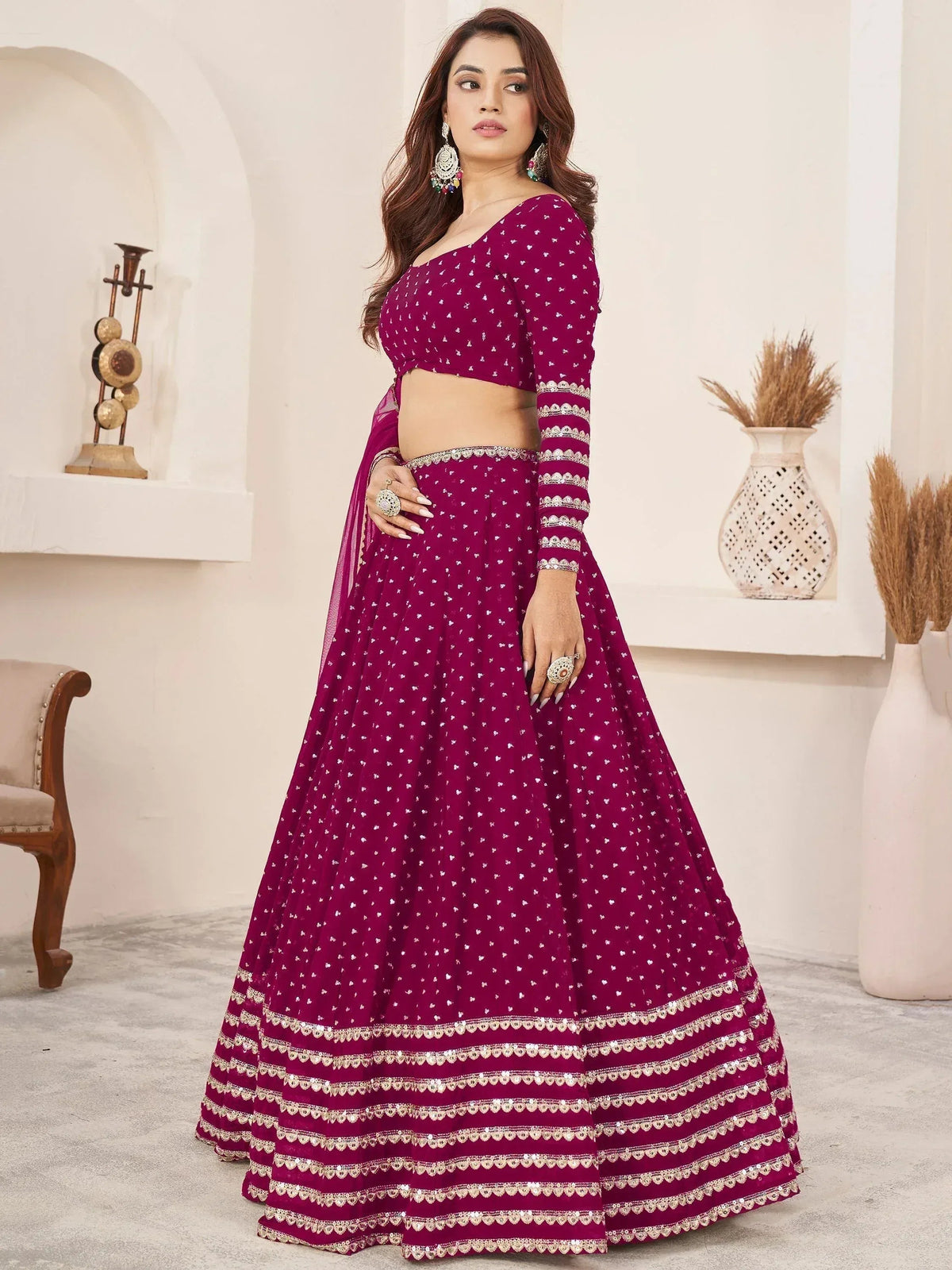 Tulsi Art Lovely Rani Pink Color Sequins Georgette Function Wear Lehenga Choli | Grocsy