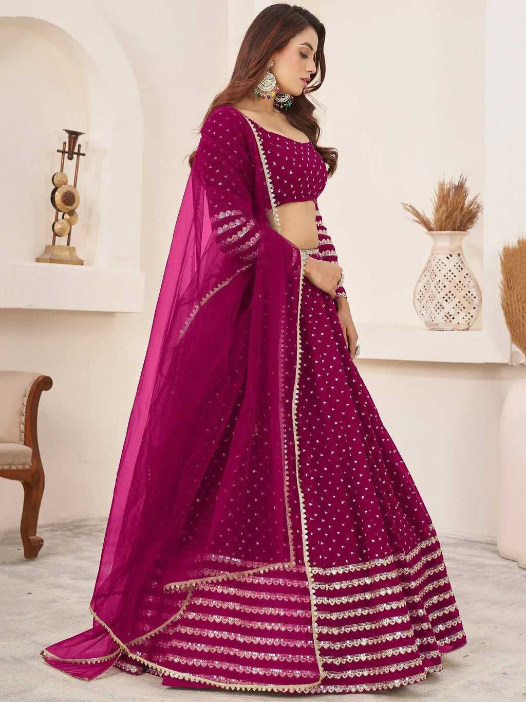 Tulsi Art Lovely Rani Pink Color Sequins Georgette Function Wear Lehenga Choli | Grocsy
